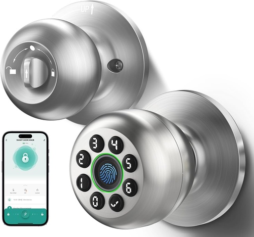 [BRSRAGQKAAMWMH3J] Keypad Smart Door Knob Lock, Fingerprint Keyless Entry Door Lock with Handle for Front Door and Bedroom, Electrionic Biometric Code Door Knob with APP, Auto Lock for Home Office Apartment Garage