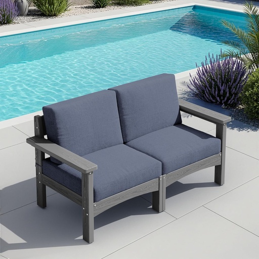 [BRSREAY6CIJWKEQ3] SERWALL HDPE Patio Loveseat Sofa, 2 Pieces Single Sofa, Weather-Resistant Outdoor Furniture Chair with Thick Removable Cushion, Balcony, Garden, Backyard, Poolside, Grey Frame with Grey Cushion