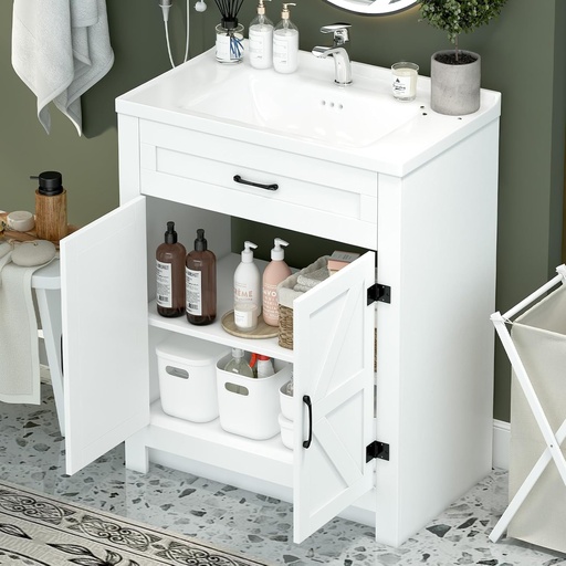 [BRSREHQCOYNBU3TP] 24" Bathroom Vanity with Sink, Bathroom Vanity Cabinet with 2 Doors, Cabinet with Sink, Extra Large Storage, Farmhouse Wooden Free Standing Bathroom Cabinet with Sink Combo, Easy Assembly (White)