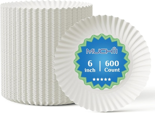 [BRSRACD7AV6AE3AU] MUCHII 600 Count 6 Inch Paper Plates, White Uncoated Disposable Dessert Plates for Snacks, Cake, Candy