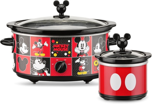 [BRSWKHYKCAOBSH3C] Disney Mickey Mouse 5-Quart Slow Cooker & 20 Ounce Dipper by Select Brands - Includes Glass Lids - Kitchen Essential Food Warmers - Large & Small Slow Cooker Set - For Serving and Entertaining