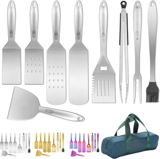 [BRSRMBIECQOWOADU] Kyraton Grill Accessories Kit 9 Piece, Griddle Accessories Tools Set, Stainless Steel with Bakelite Handle - Heat Resistant and No Melt, Great for Outdoor BBQ, Teppanyaki, Camping