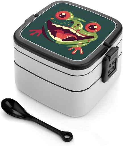 [BRSREHD6OUIBQFLH] Frog with Mouth Open Bento Box Sealed Leakproof Double Layer Lunch Box Portable Bento Boxes With Handle For Office Camping Travel