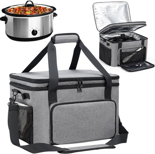 [BRSRABQBOQPQ4AIV] Slow Cooker Carrying Bag, Double Layer Insulated Design Slow Cooker Carrier with Removable Hard Liner and Pot Lid Fastener Fit for 6-8 Quart Crock Pot, Gray
