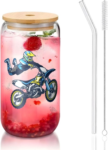 [BRSREGD7AR6AEG35] Got Dirt Bike Motocross Racing Flag 16 Oz Drinking Glasses With Bamboo Lids,Glass Straw And Cleaning Brushes Glass Tea Cup For Iced Coffee,Smoothie,Cocktail,Beer,Whiskey,Soda,Matcha