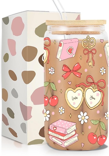 [BRSREFA2OZ5QECTX] Bookish Girly Iced Coffee Cup, Cute Pink Book Bow Glass Tumbler, 16 oz Sweet Coffee Glass Cup with Lid Straw, Gifts for Women Teen Girls Friends, Coquette Book Gift